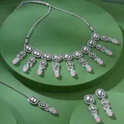 Zaveri Pearls Turquoise Blue Pink Beads Austrian Diamonds Necklace Earring Maangtikka Set-ZPFK17784-8
