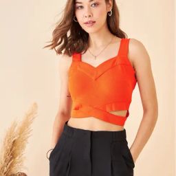 Kibo Orange Elastane Solid Tops-image-0