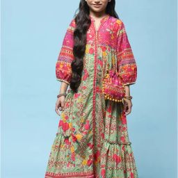 BIBA Girls Green & Pink Printed Dress with Potli Bag-image-34