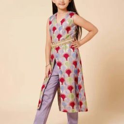 Piccolo Kids Purple Zari Narrow Fit Kurti, Pants & Belt-image-21
