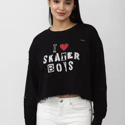FOREVER 21 Women Black Printed Crop Sweatshirt-image-56