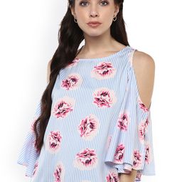 Harpa Women Blue & White Floral Print & Striped Top-image-52