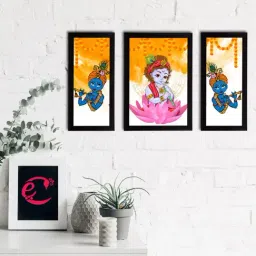 eCraftIndia Set of 3 Lord Krishna Satin Matt Texture UV Art Painting-23