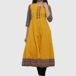 YASH GALLERY Mustard Cotton Printed Flared Kurta-image-22