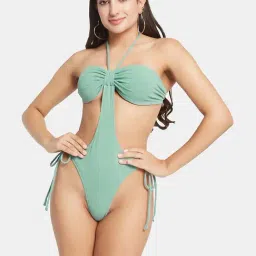 Secrets By ZeroKaata Sage Green Plain Swim Bodysuit-image-97