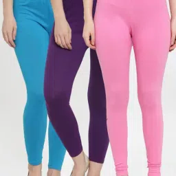 Gracit Pink & Blue Mid Rise Leggings - Pack Of 3-image-37