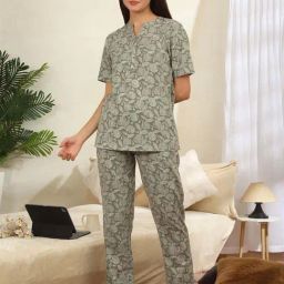 Sweet Dreams Olive Green Cotton Printed Top Pyjamas Set-image-11