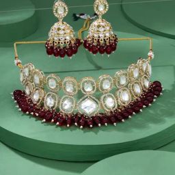 Zaveri Pearls Maroon Cluster Beads Dazzling Stones Bridal Choker Necklace & Earring Set-ZPFK17932-17