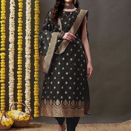 LEAFFEB Women Black & Gold Pure Silk Unstitched Dress Material-image-21