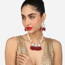 Zaveri Pearls Rani Pink Cluster Beads Drop Multistrand Beaded Necklace & Earring Set-ZPFK17931-5