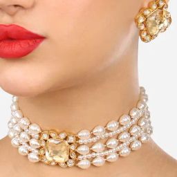 Zaveri Pearls Gold Tone Multistrand Statement Center Piece Choker Necklace Earring Set-ZPFK17934-image-9