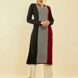 Soch Black Acrylic Houndstooth Pattern Winter Straight Kurta with Pocket-image-39