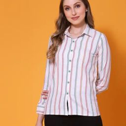 SELVIA White & Pink Cotton Striped Shirt-image-30