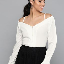 Harpa White Bardot Top With Cuffed Sleeves-24