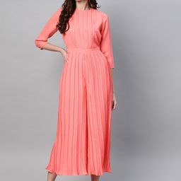 Zima Leto Women Coral Pink Accordion Pleat Solid Basic Jumpsuit-picture-15