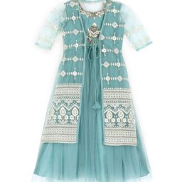 BETTY Girls Turquoise Blue Embroidered Maxi Dress & Jacket-image-65