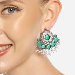 Zaveri Pearls Green Silver Oxidised Stones & Beads Traditional Drops Earring-ZPFK16703-5