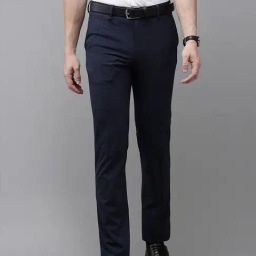 Van Heusen Navy Cotton Slim Fit Self Pattern Trousers-image-96