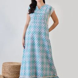 The Kaftan Company Blue Cotton Print Night Dress-picture-40