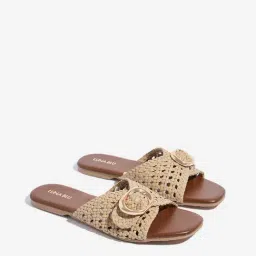 LUNA BLU by Westside Ivory Rattan Weave Buckled Slides-image-90