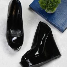 Flat N Heels Women's Black Peeptoe Wedges-image-83