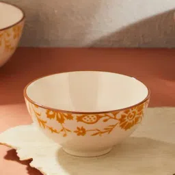 Fabindia White & Yellow Nargis Ceramic Serving Bowl-picture-1