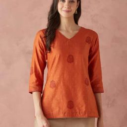 Fabindia Orange Cotton Silk Slim Fit Print Kurta-image-66