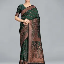 Monjolika Fashion Women's Dark Green Satin Silk Woven Saree With Unsttiched Blouse Piece-picture-11