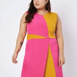 Brinns Pink & Mustard Regular Fit Color-Block Plus Size Dress-image-25