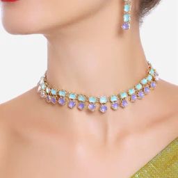 Zaveri Pearls Turquoise Blue & Purple Choker Artificial Stones Necklace & Earring Set-ZPFK16720-image-98