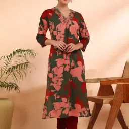 Maaesa Red Cotton Floral Kurta-image-50