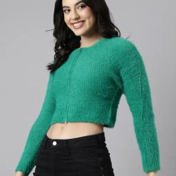 SHOWOFF Green Regular Fit Crop Cardigan-image-0