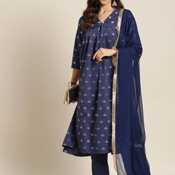 HERE&NOW Women Floral Foil Printed Empire Gotta Patti Kurta with Trousers & Dupatta-image-39