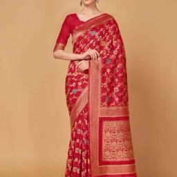 Monjolika Fashion Banarasi Silk Red Color Zari Work Saree With Embellished And Unsttiched Blouse-image-52