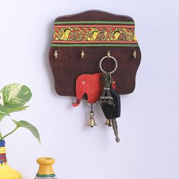 VarEesha Brown Elephant Wooden Madhubani Key Holder with Four Hooks-picture-24