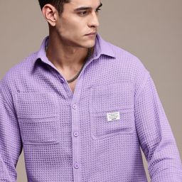 WROGN Oversized Fit Textured Self Design Opaque Pure Cotton Casual Shirt-image-8