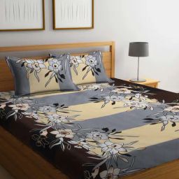 Klotthe Floral Grey & Yellow 300 TC Cotton Blend King Bed Sheet with 2 Pillow Covers-image-104