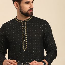 Anouk Men Black & Gold-Toned Geometric Printed Thread Work Kurta-image-19