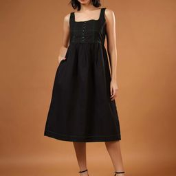 HERE&NOW Women Cotton Square Neck Pleated Fit & Flare Midi Dress-image-53
