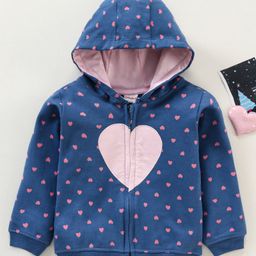 Babyhug Cotton Knit Full Sleeves Hooded Sweat Jacket Heart Print Applique - Blue-image-64