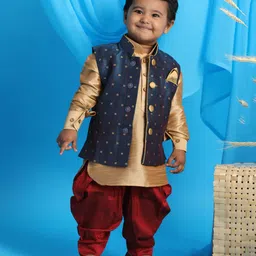 Vastramay Full Sleeves Curved Hem Kurta With Cubic Motif Detailed Jacket With Coordinating Dhoti - Rose Gold & Blue-picture-41