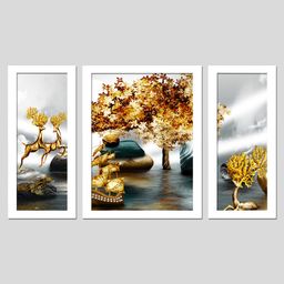 Wens Set Of 3  Fortune Deer In Nature  Wall Art Painting - White-image-73