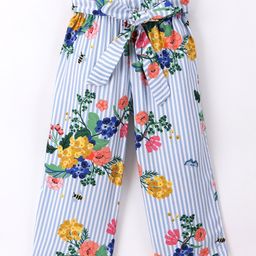 CrayonFlakes Pencil Striped & All Over Floral Printed Palazzo - Off White & Blue-image-3