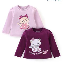 Babyoye Eco Conscious 100% Cotton Knit Full Sleeves Top Kitty Print Pack of 2 - Purple-picture-49