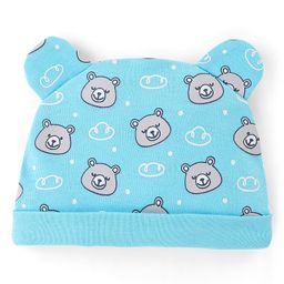 Babyhug 100% Cotton Knit Cap with Bear Print & Ear Applique - Blue-image-58