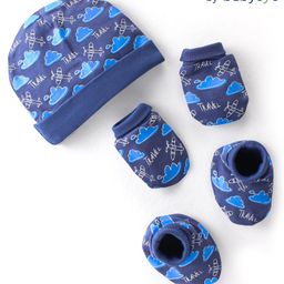Babyoye 100% Cotton Knit Cap Mittens And Booties Cloud Print-Blue-image-0