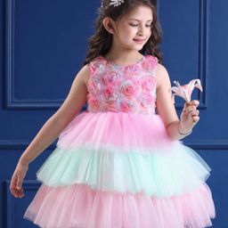 Mark & Mia Sleeveless Solid Colour Layered Party Frock with Floral Applique - Pink-image-18