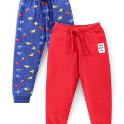 Babyhug Cotton Knit Full Length Lounge Pants Aeroplane & Text Print Pack of 2 - Red  & Blue-image-79