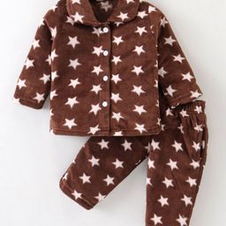 Kanvin Supersoft Extra Warm Velour Full Sleeves Winter Night Suit With Stars Print - Dark Brown-image-84