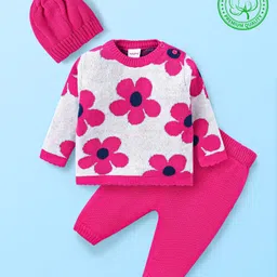 Babyhug Knit Full Sleeves Pullover Sweater Set & Capwith Floral Design - Dark Pink & White-picture-22
